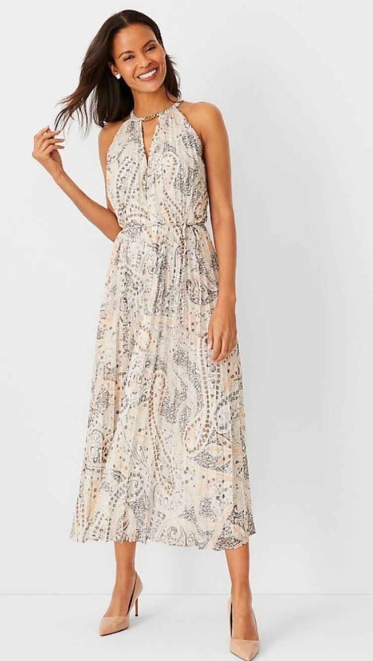 Ann Taylor NWT Paisley Halter Midi Dress Gold Chain Neck Petite Small $218